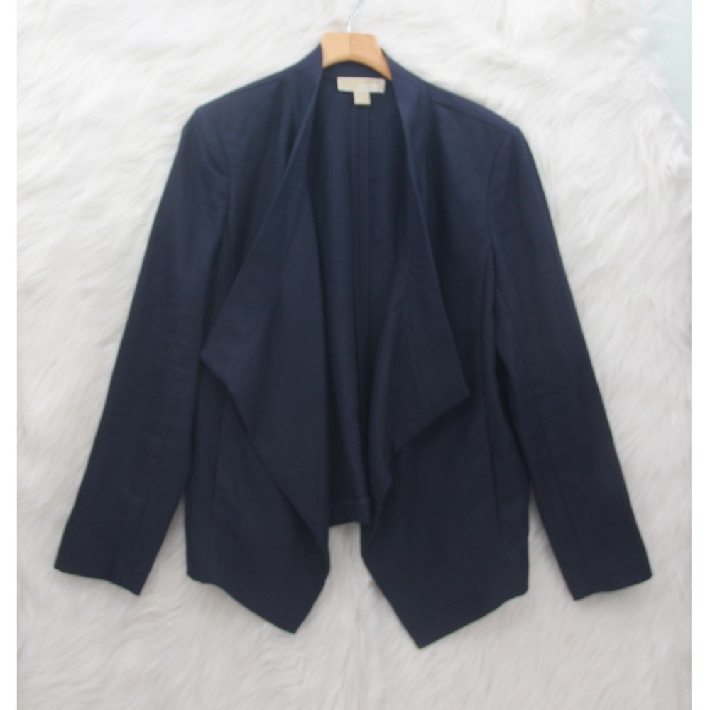Michael Michael Kors 100% Linen Navy Blue Drape Front Women Jacket 14 Minimalist